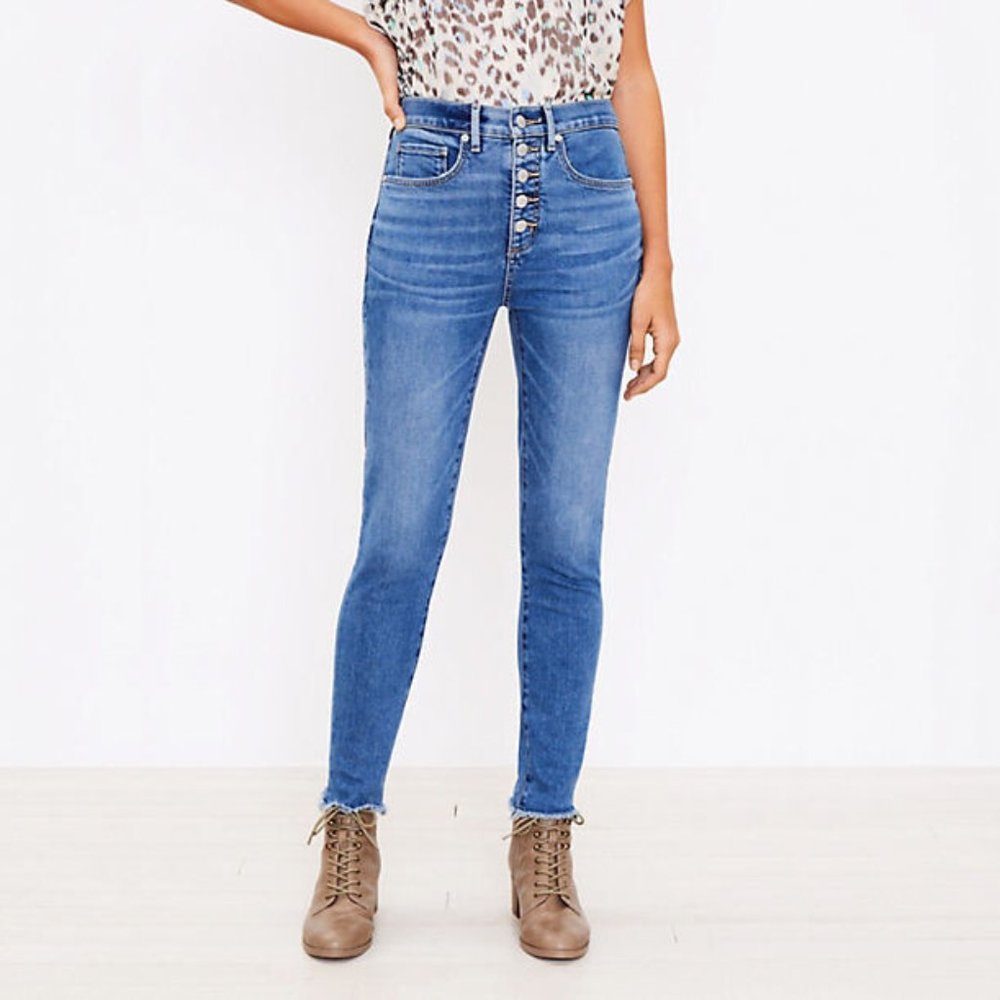 LOFT Petite Frayed Hem Button Front High Rise Skinny Jeans